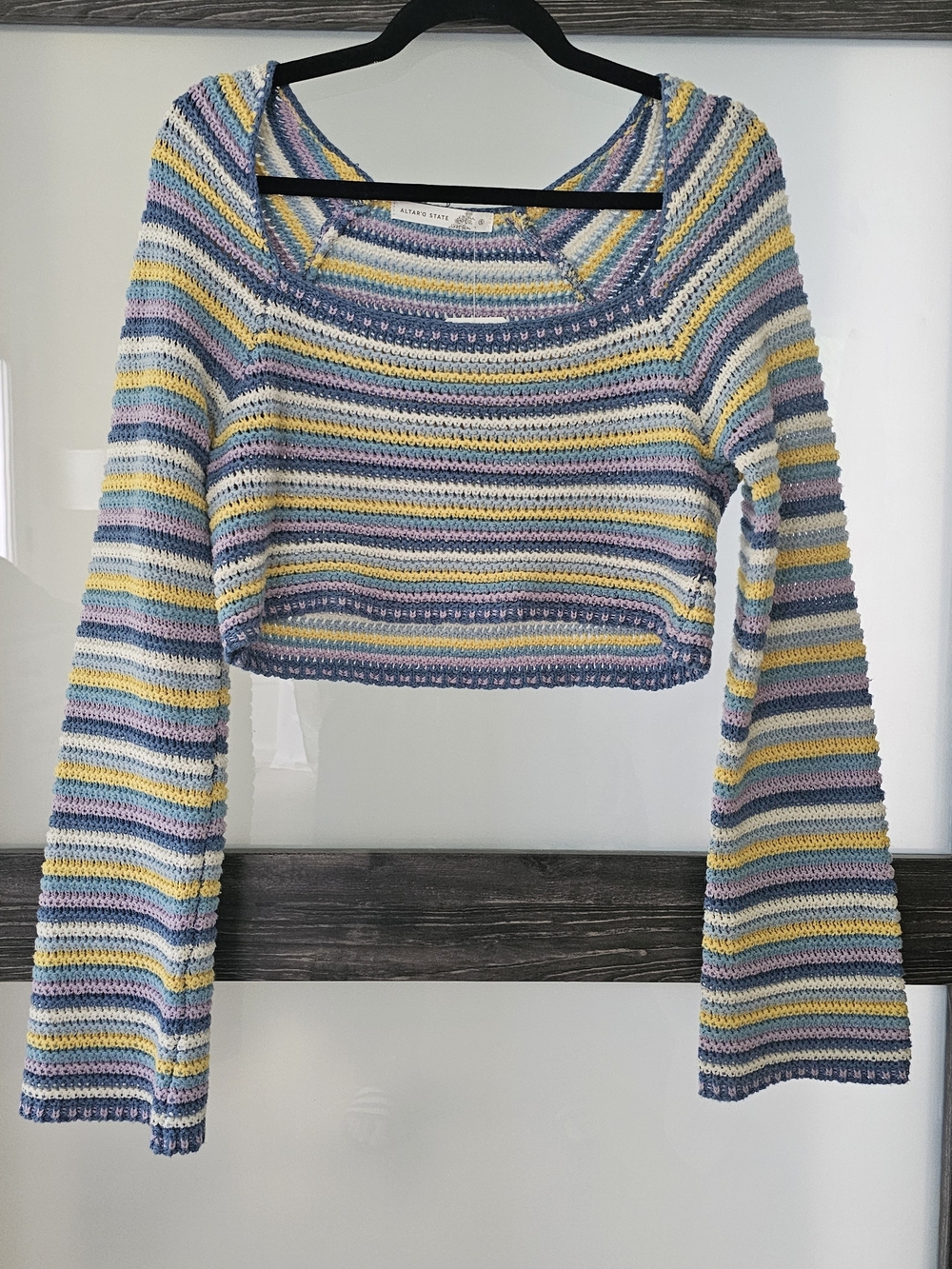 Altar'd State Pastel Striped Crochet Long-Sleeve Crop Sweater
